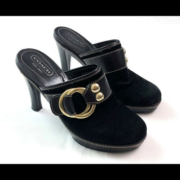 Coach Claude Black Suede Platform Clogs/Mules Size 6.5